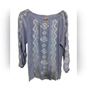 1953) Magnolia Lane Blue White Embroidery Long Sleeve Top Size Medium